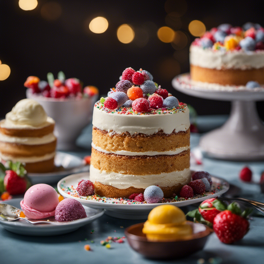 An image showcasing an enticing assortment of desserts, including a towering cake adorned with vibrant sprinkles, a luscious bowl of creamy ice cream, and a delicate pastry dusted with powdered sugar