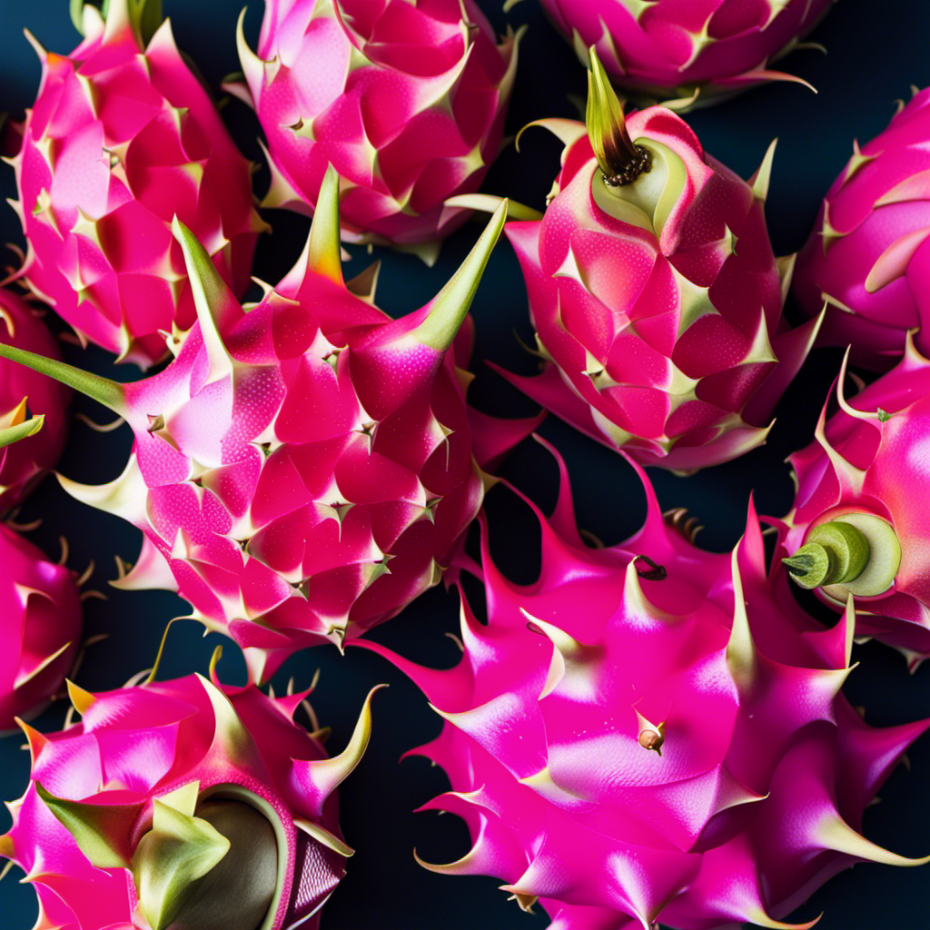 An image showcasing a vibrant assortment of dragon fruits in various colors and sizes, elegantly arranged in a pattern