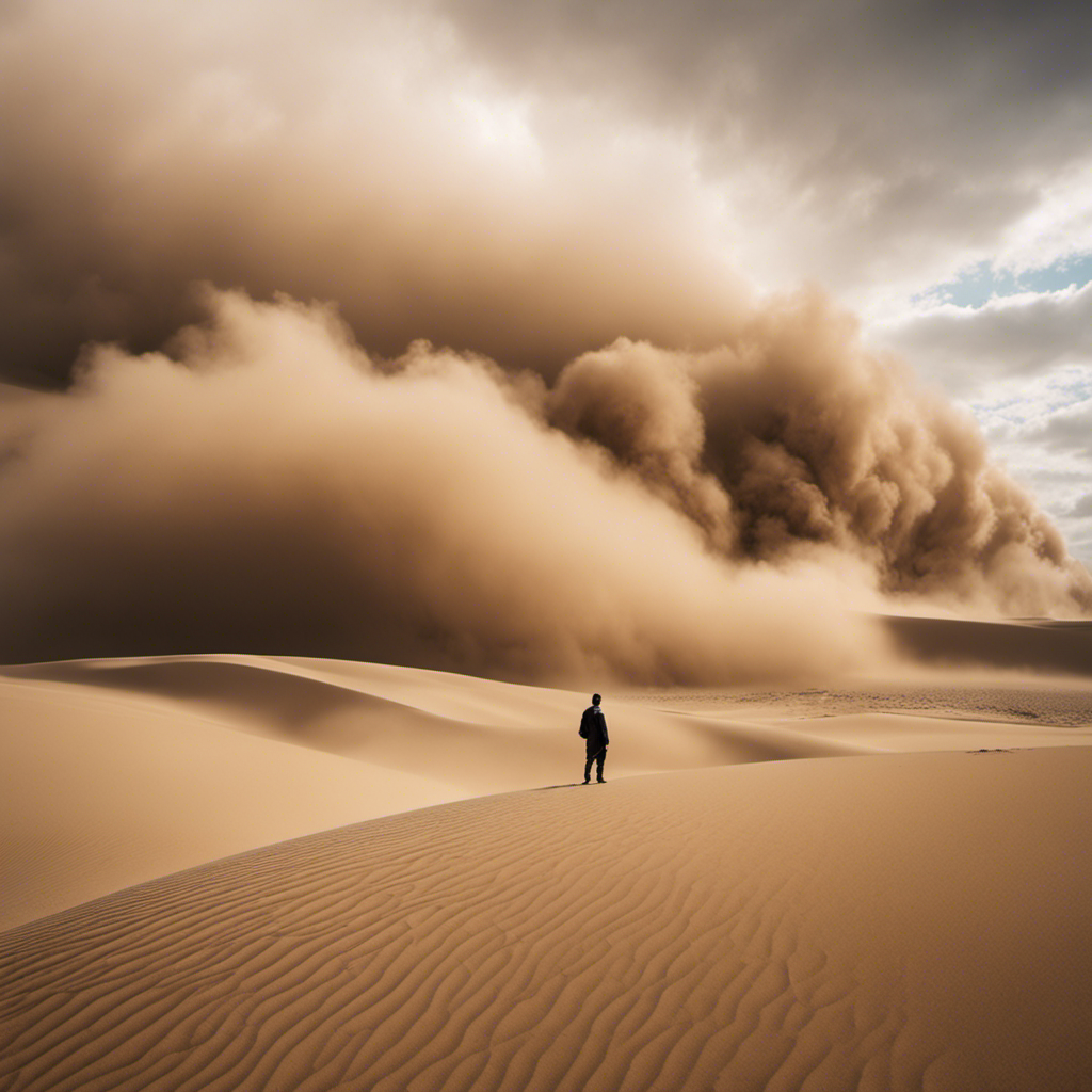 An image showcasing the awe-inspiring power of a dust storm: billowing clouds of dust engulfing a barren landscape, with towering sand dunes and a solitary figure bracing against the force of nature