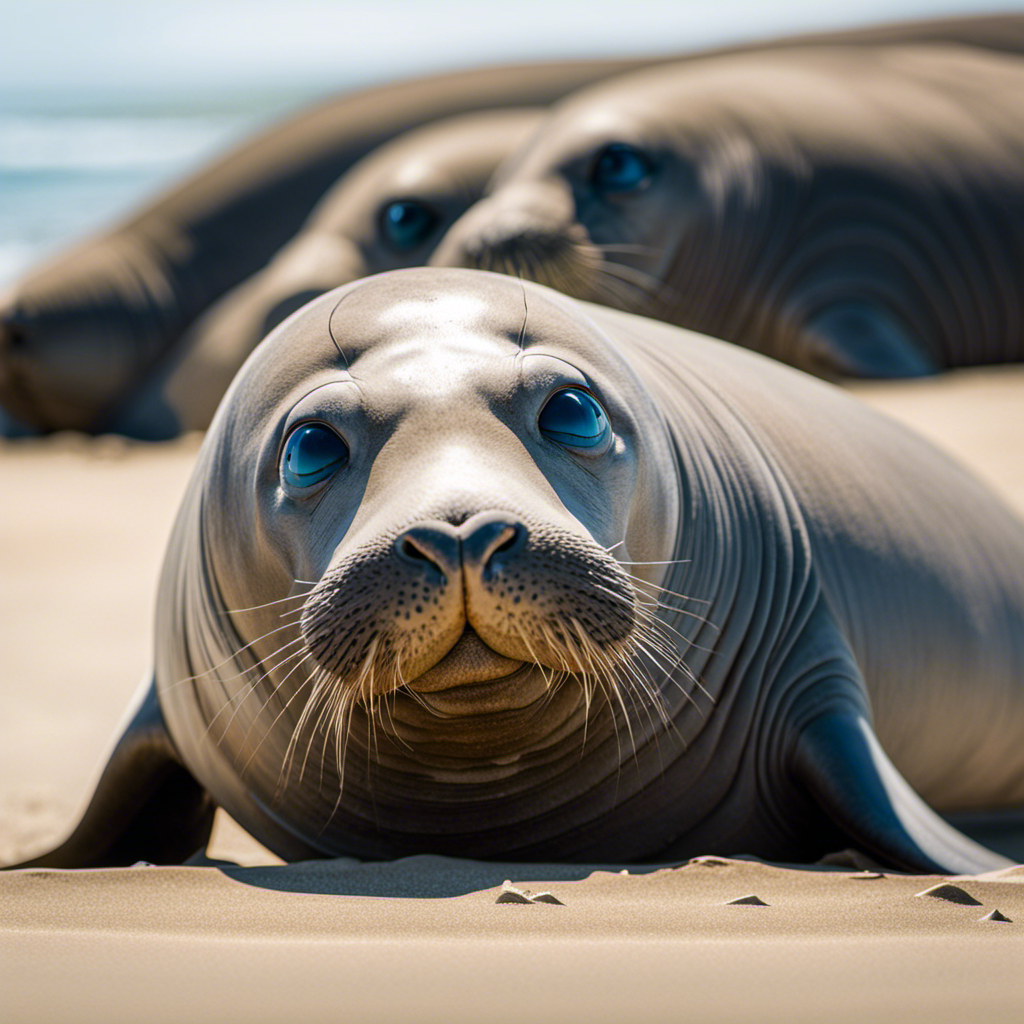 An image capturing the colossal size of elephant seals as they bask on sandy beaches, showcasing their distinctive proboscis-like snouts, thick blubber, and remarkable ability to dive to immense depths