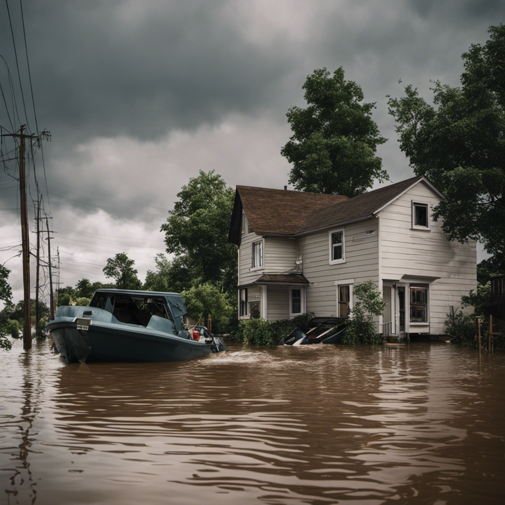 An image showcasing the aftermath of a flood, with submerged houses partially visible, debris floating, and a rescue boat navigating the flooded streets, emphasizing the surprising power and destruction floods can bring
