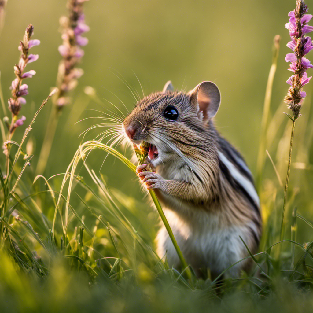 An image showcasing a Four Striped Grass Mouse playfully nibbling on a blade of grass, its delicate whiskers twitching with curiosity, as vibrant wildflowers sway in the background, highlighting their natural habitat