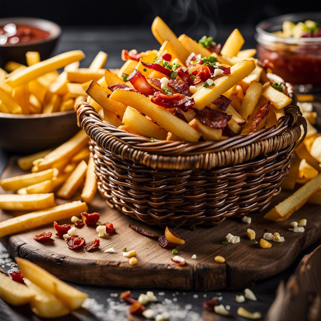 An image showcasing a golden, crispy pile of French fries, topped with a variety of mouthwatering toppings like melted cheese, bacon bits, and tangy sauces