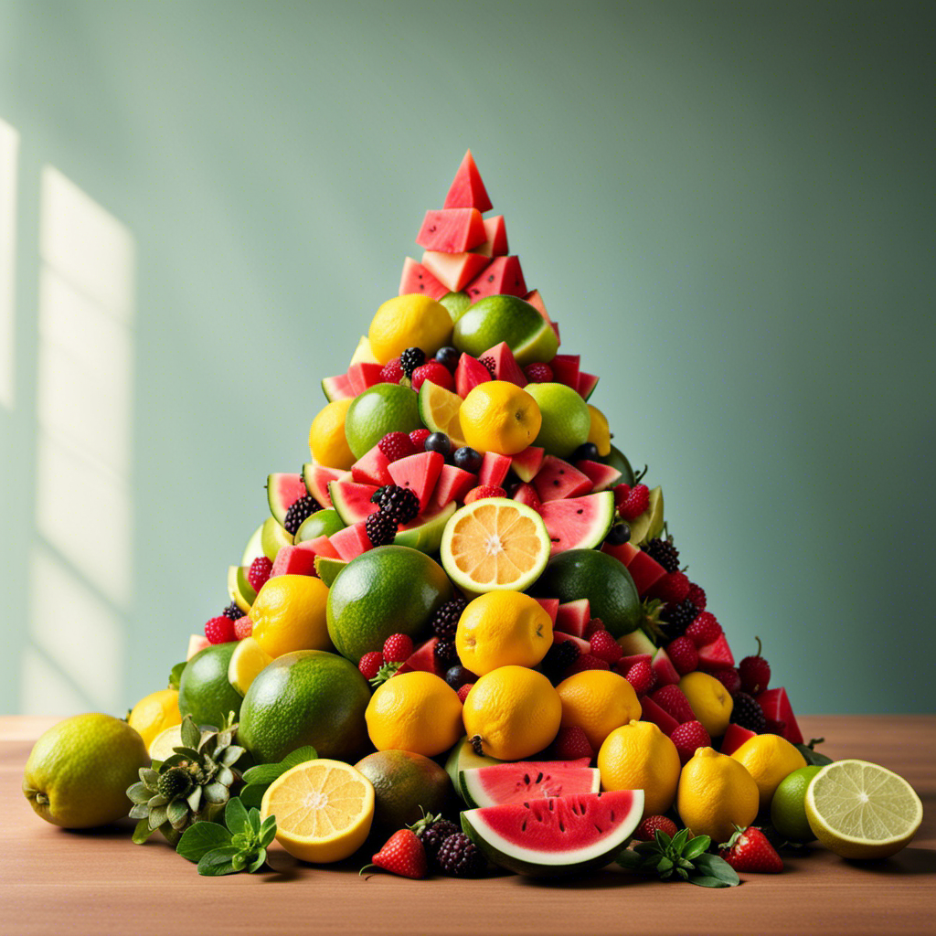 A vivid image showcasing an array of colorful fruits, ranging from succulent watermelons to tangy lemons, artistically arranged in a cascading pyramid formation, exuding freshness and inviting curiosity