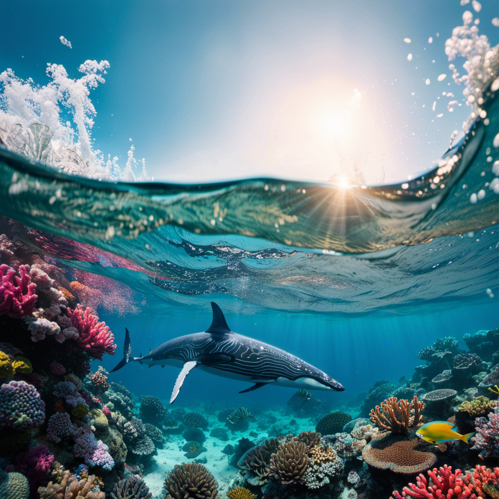 An image featuring a vibrant coral reef teeming with colorful fish species, set against a backdrop of crystal-clear turquoise waters
