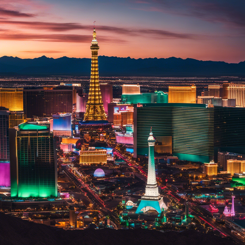 An image showcasing the iconic Las Vegas skyline, with colorful neon lights illuminating the night sky, while a desert landscape stretches beyond, hinting at the diverse natural beauty and vibrant city life that coexist in Nevada