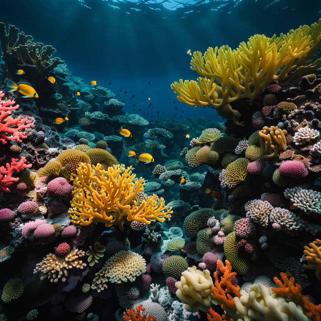 An image capturing a vibrant coral reef teeming with life, surrounded by murky, acidic waters