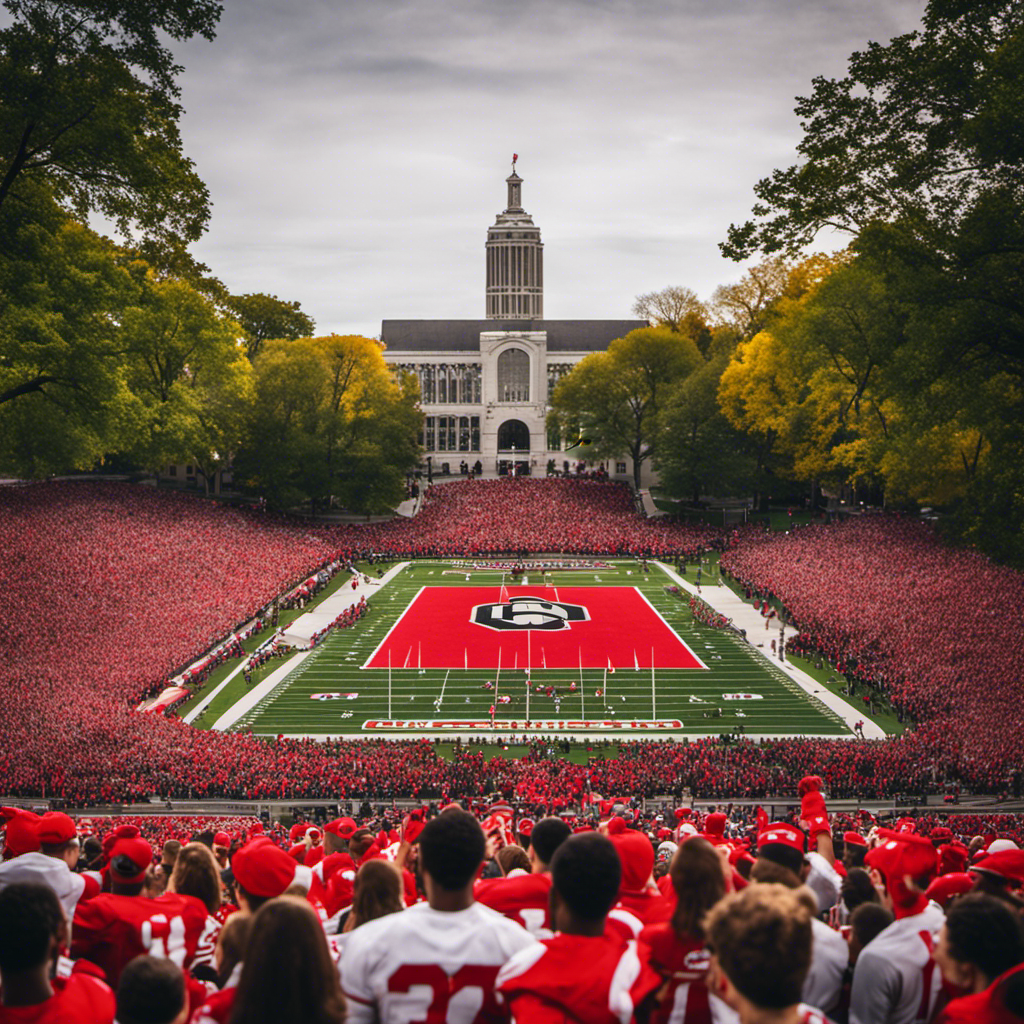 An image showcasing the energetic atmosphere of Ohio State University: students in scarlet and gray jerseys cheering at a packed football stadium, surrounded by iconic campus landmarks like the Oval, Thompson Library, and the iconic Buckeye trees