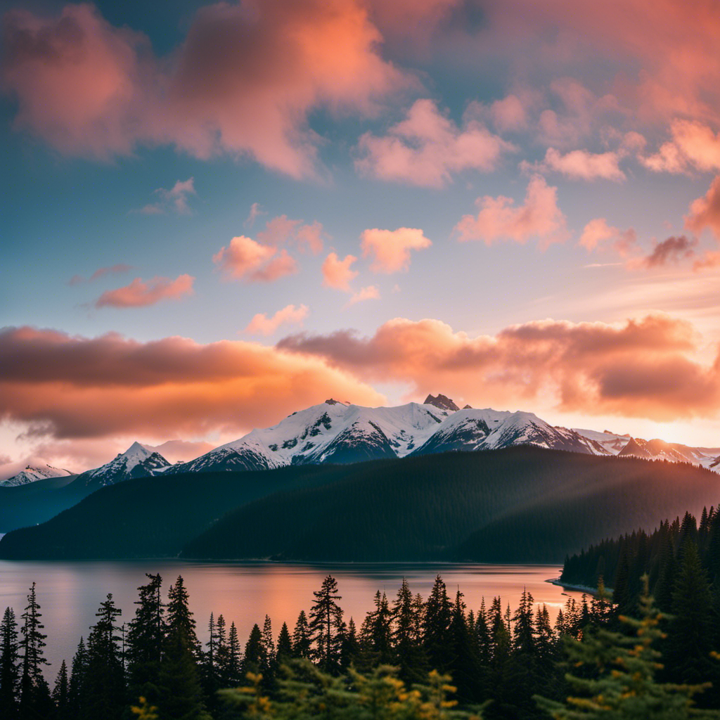 An image showcasing the diverse beauty of Olympic National Park: a majestic snow-capped mountain standing tall, lush green rainforests with towering trees, pristine lakes reflecting the vibrant sunset, and a stunning coastline where crashing waves meet rocky cliffs
