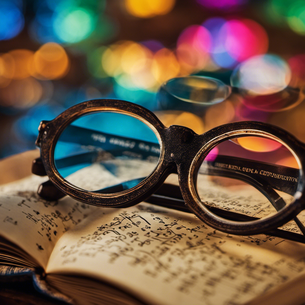 An image showcasing a close-up of Rene Descartes' iconic pair of spectacles, resting on a worn-out book with mathematical equations scribbled on its pages, surrounded by swirling vibrant colors representing his revolutionary ideas