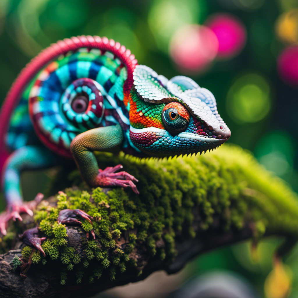 An image bursting with vibrant colors, depicting a playful chameleon perched on a branch, its eyes swirling with different hues, while a slithering snake coils around a rock, showcasing its intricate scales