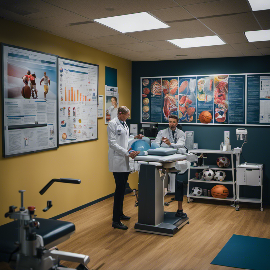 An image of a vibrant, bustling sports clinic: doctors and therapists working together, athletes receiving treatment, and walls adorned with colorful anatomical charts, showcasing the intriguing world of sports medicine