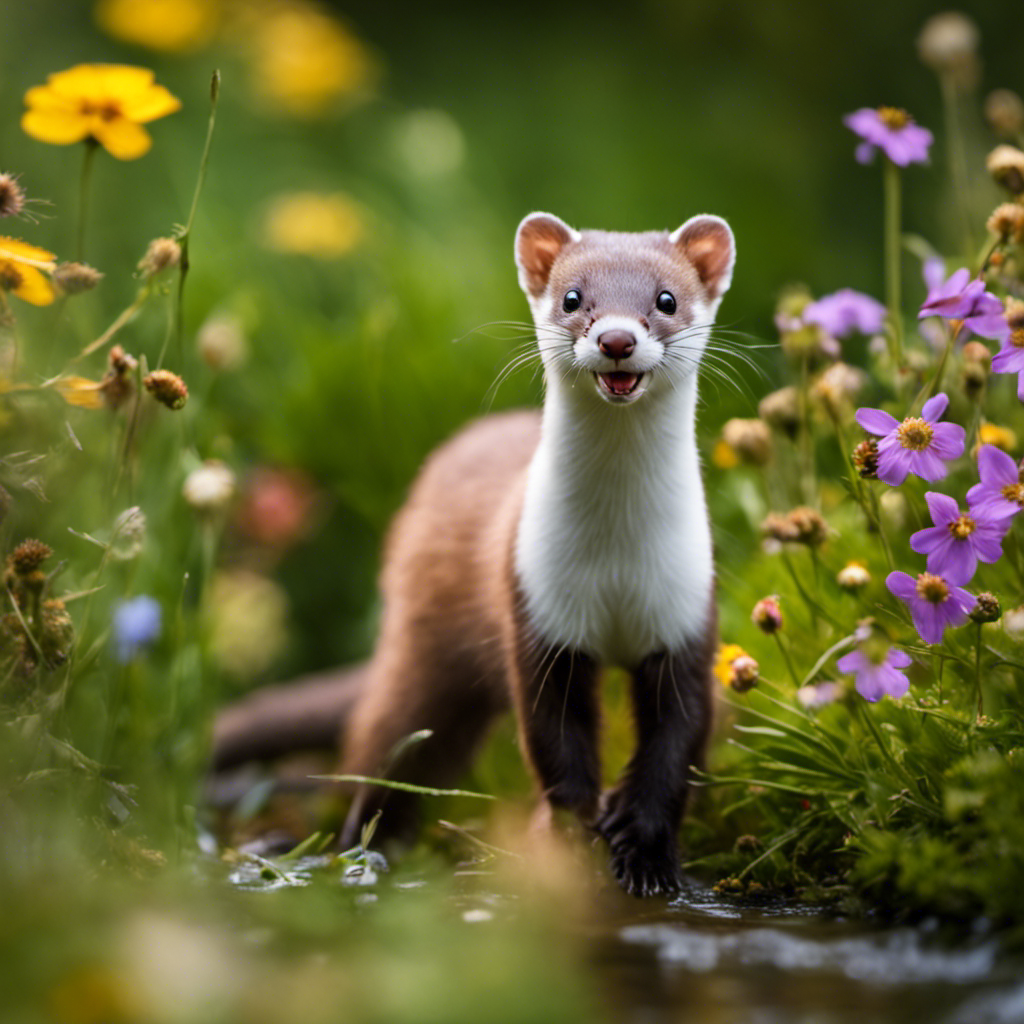 An image bursting with stoat fun facts: a playful stoat peeking out from a vibrant patch of wildflowers, while gracefully leaping over a babbling brook, with a mischievous glint in its eyes