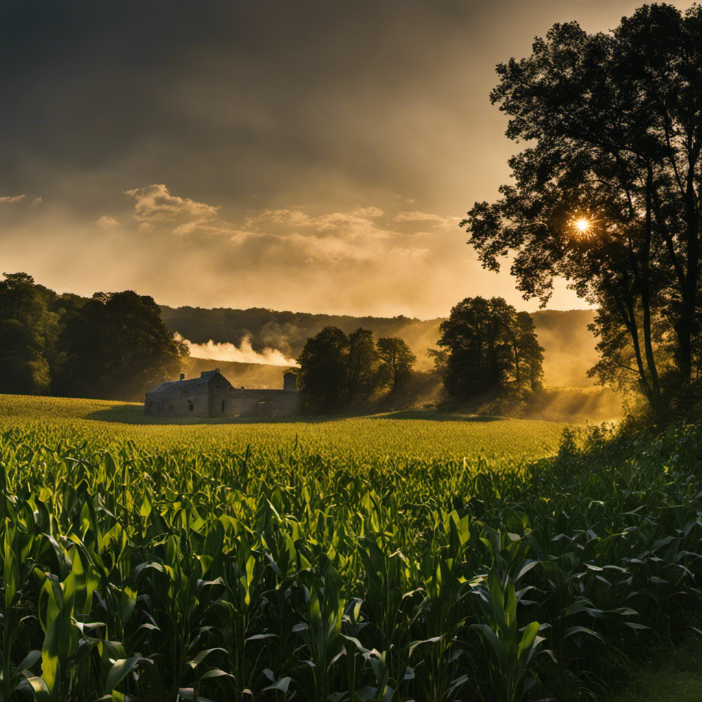 An image showcasing a sunlit cornfield, bordered by a tranquil creek, where soldiers once clashed