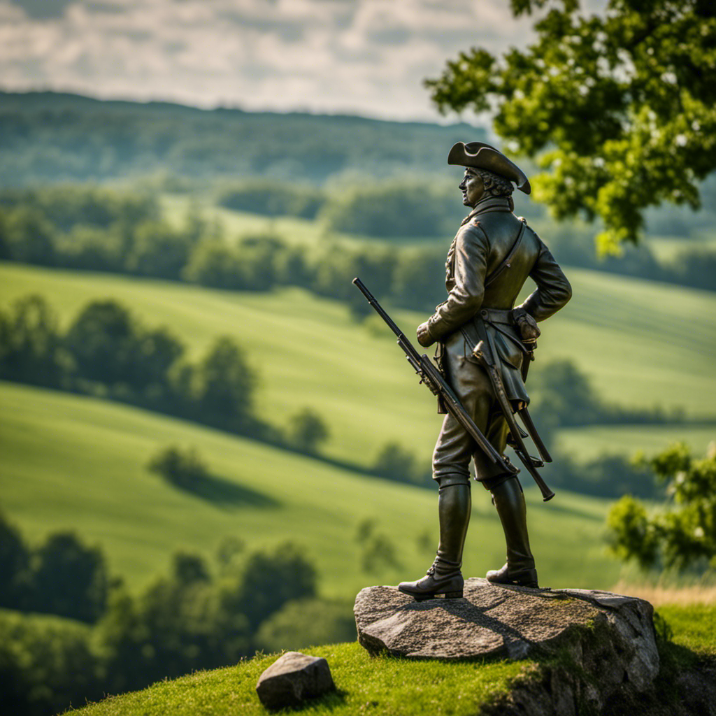 An image depicting the iconic Minute Man statue standing proudly amidst rolling green hills, with muskets in hand, symbolizing the brave patriots who fought for independence in the Battle of Lexington and Concord