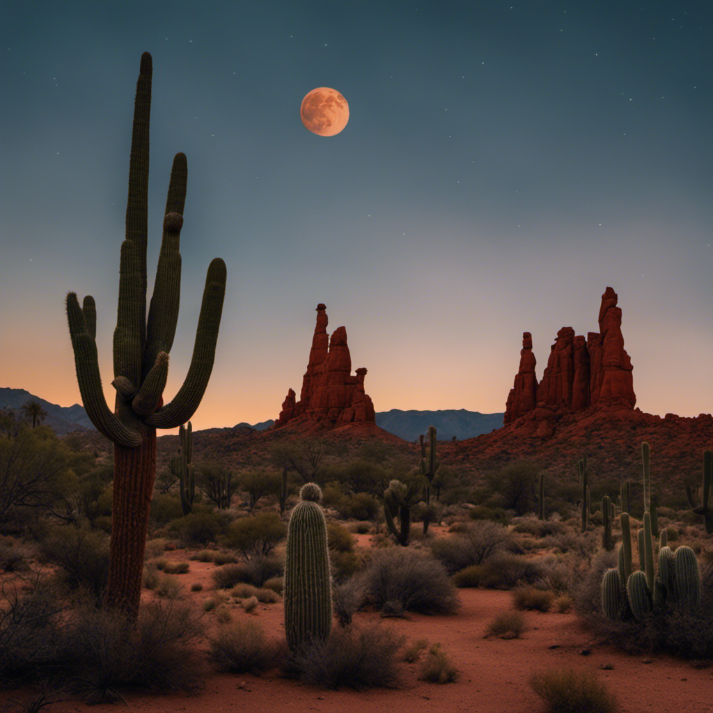 An image of a vibrant desert landscape in California, showcasing towering red sandstone formations, a vast expanse of cacti and Joshua trees, with the iconic silhouette of a coyote howling at the moon in the distance