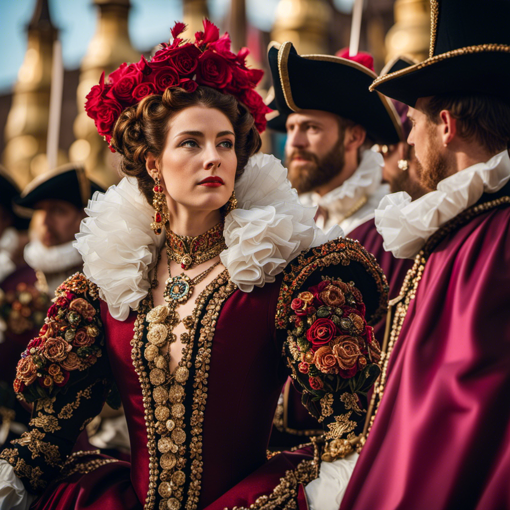 An image showcasing the vibrant Elizabethan Era: a bustle of opulent courtiers adorned in ruffled collars, extravagant gowns, and doublets, their faces alight with mirth at the lively atmosphere of jousting tournaments and theatrical performances