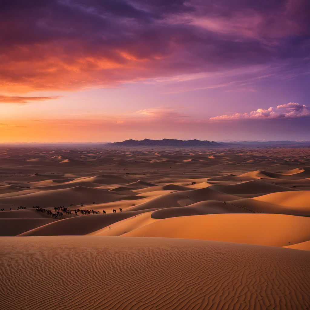 An image showcasing the vast expanse of the Gobi Desert, with its golden sand dunes stretching towards the horizon, camels peacefully wandering, and a mesmerizing sunset painting the sky with hues of orange and purple