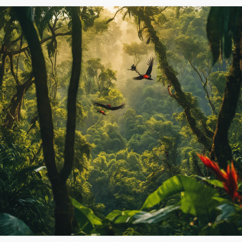 An image showcasing the vibrant biodiversity of the jungle, with a lush and dense canopy of towering trees, colorful birds soaring through the air, playful monkeys swinging from branches, and majestic wild cats stealthily prowling through the undergrowth