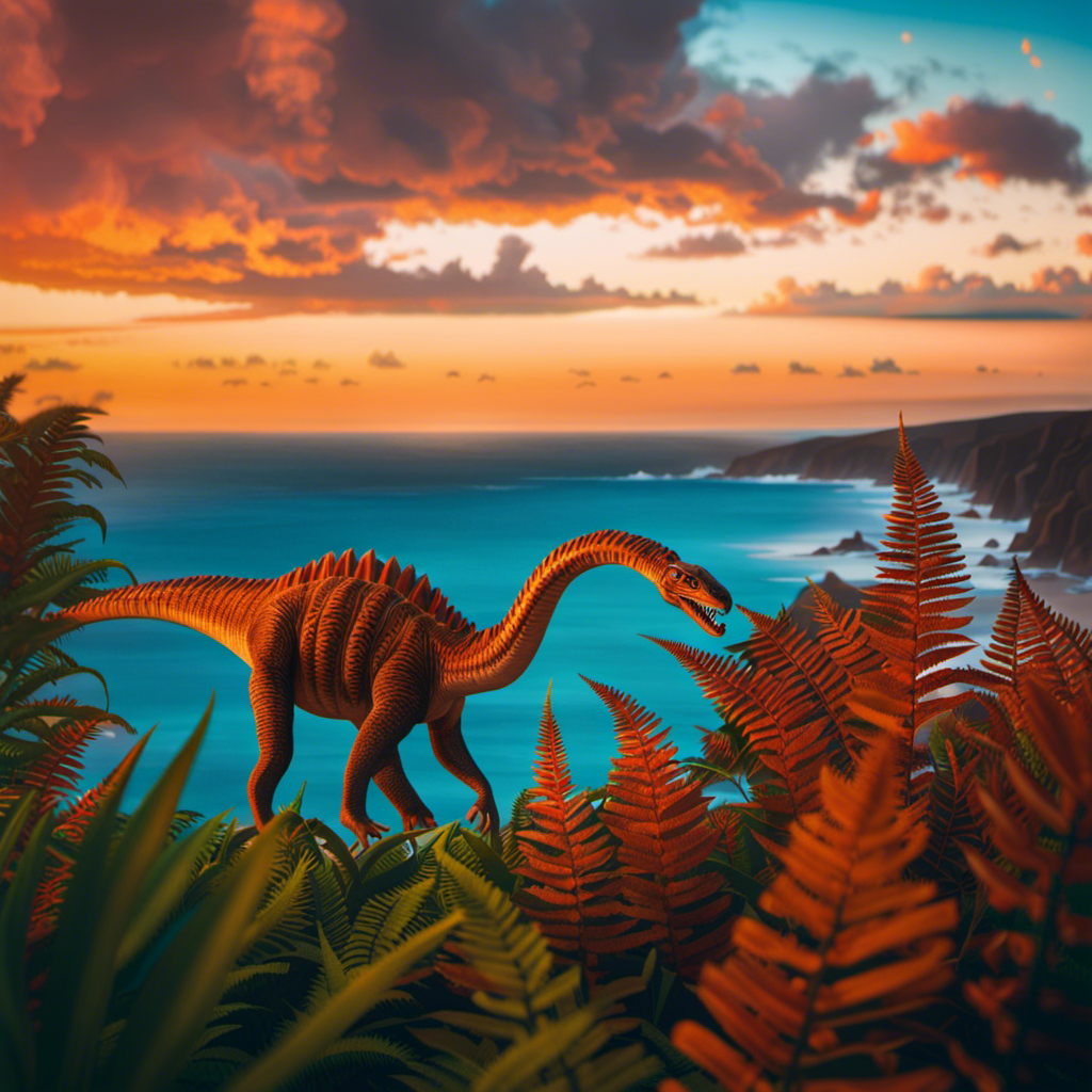 An image capturing the vibrant essence of the Mesozoic Era: a mesmerizing sunset casting a warm orange glow over lush ferns, towering dinosaurs, and a sparkling azure sea with prehistoric creatures roaming the shores