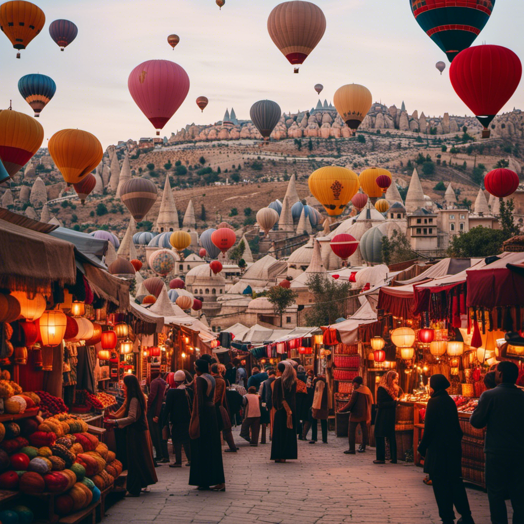 An image showcasing the vibrant culture of Turkey: a bustling bazaar with colorful lanterns hanging above, locals haggling over spices, and the iconic silhouette of hot air balloons floating over the magical landscapes of Cappadocia