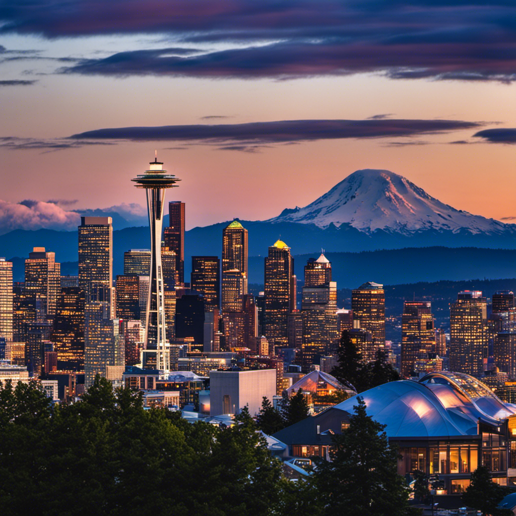 An image showcasing the iconic Space Needle towering above the vibrant cityscape of Seattle, with Mt