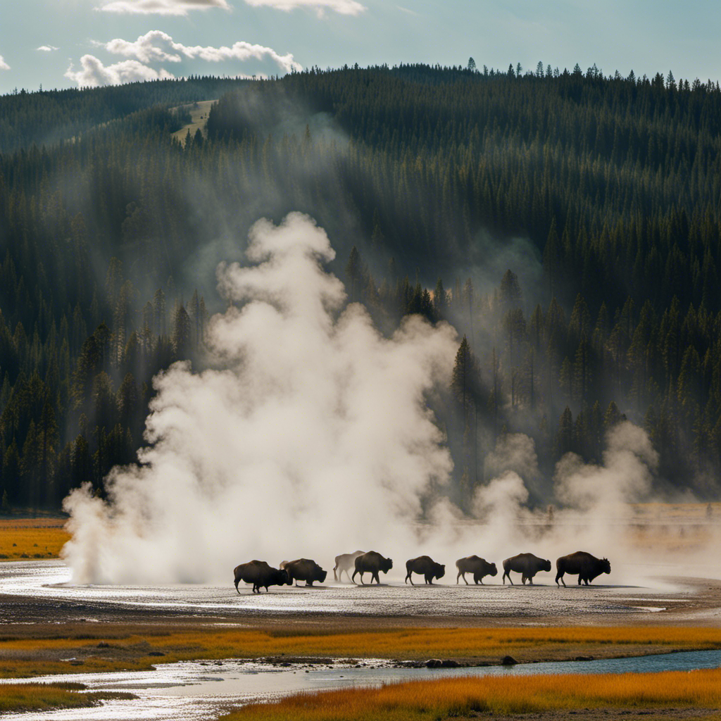 An image showcasing an iconic Yellowstone landscape with a towering, steaming geyser surrounded by roaming bison, as a symbol of the thrilling wildlife encounters and mesmerizing geothermal wonders explored in the Yellowstone TV show