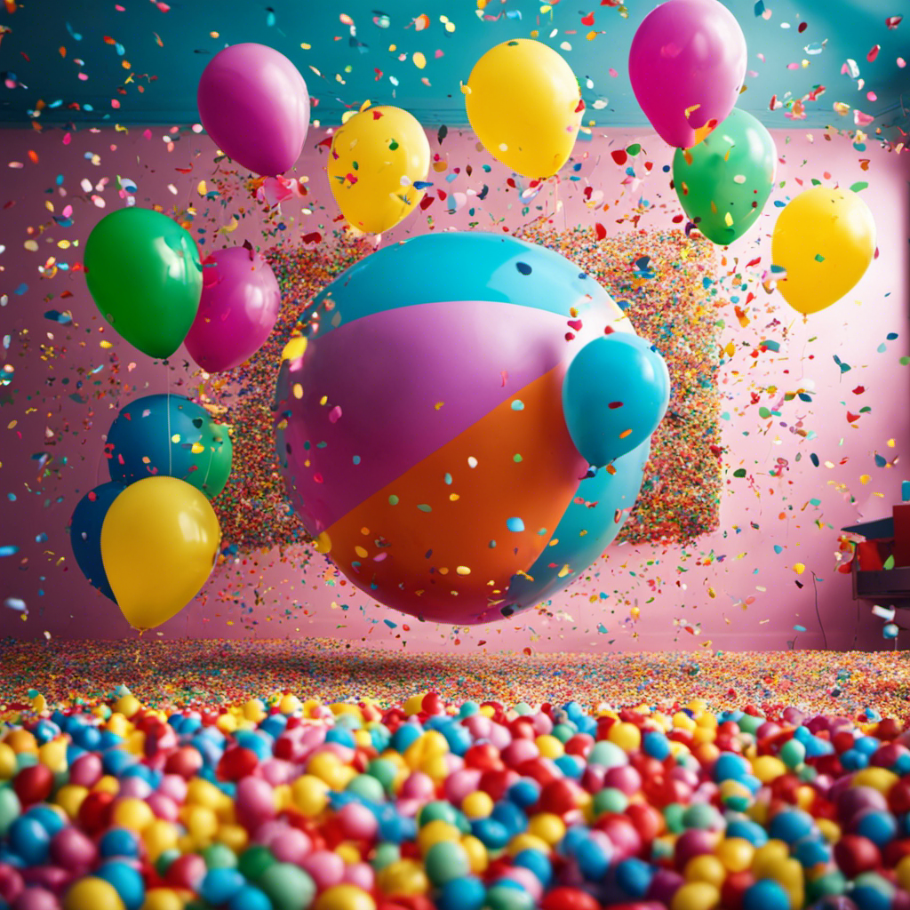 An image depicting a colorful confetti-filled room, with balloons floating in the air
