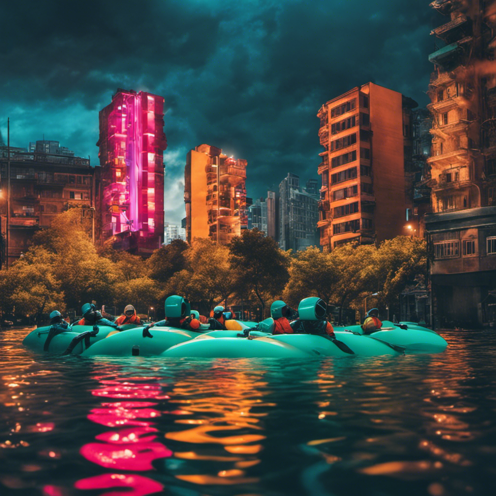 An image showcasing a colorful cityscape submerged in water, with people floating in rubber tubes and buildings partially submerged, highlighting the astonishing height and force of floodwaters
