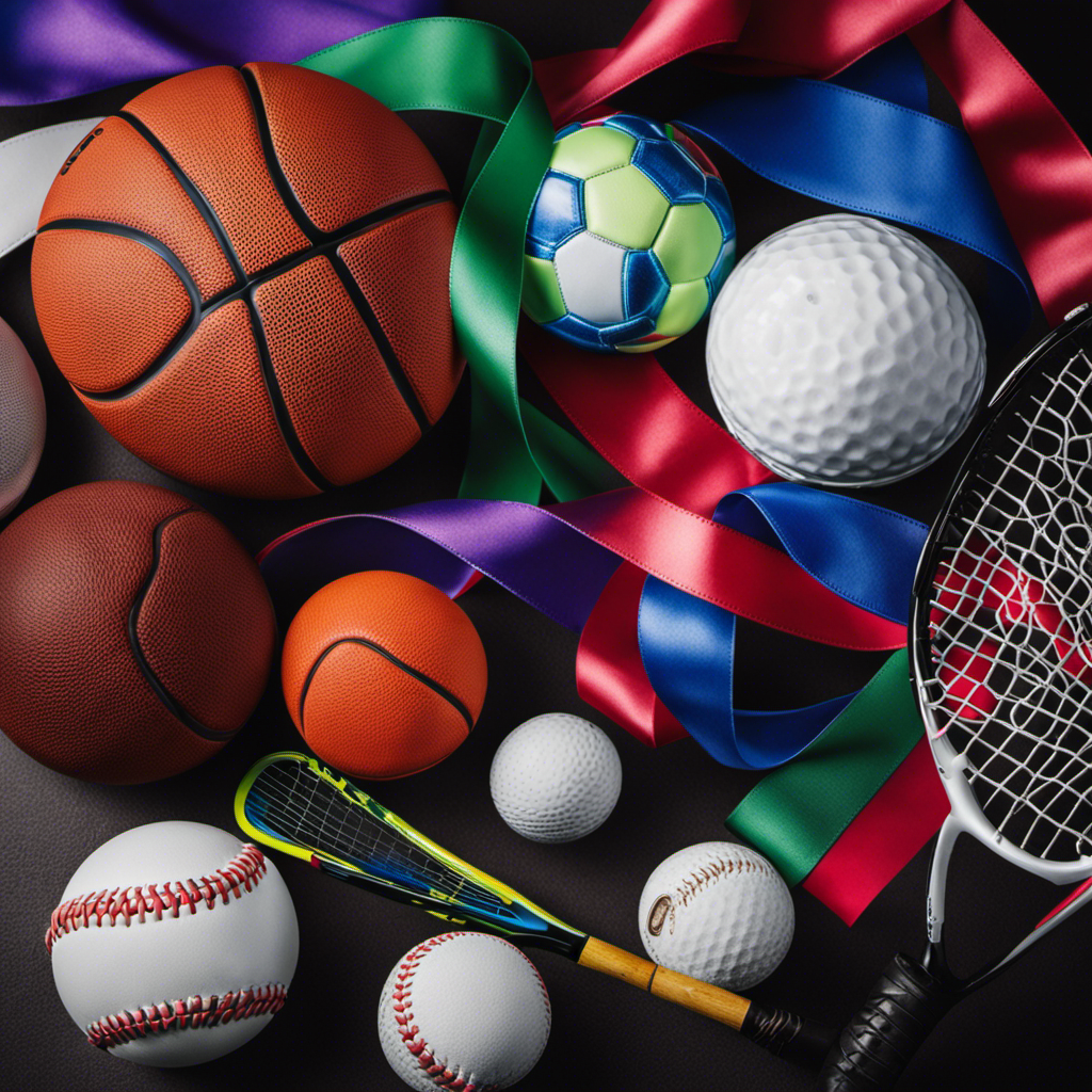 An image showcasing a colorful collage of sports equipment - a basketball, soccer ball, tennis racket, golf club, and baseball glove - intertwined with vibrant ribbons, representing the diverse and exciting world of sports facts