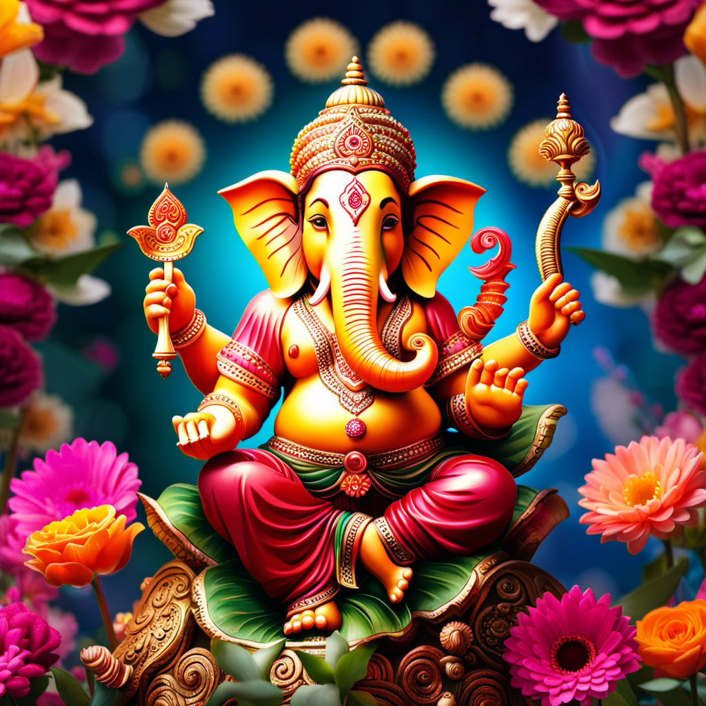 An image showcasing a vibrant scene of Lord Ganesh with his elephant head and multiple arms, joyfully riding on a magnificent mouse, surrounded by colorful flowers and auspicious symbols