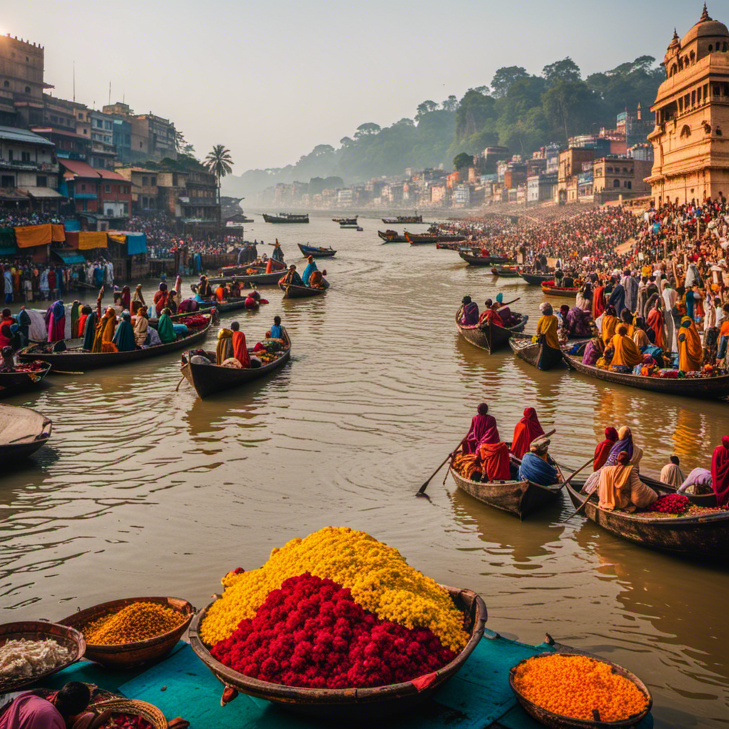 An image that showcases the breathtaking Ganges River, capturing the vibrant colors of its sacred waters, surrounded by bustling ghats where pilgrims bathe, boats float, and vibrant flowers crown the riverbanks