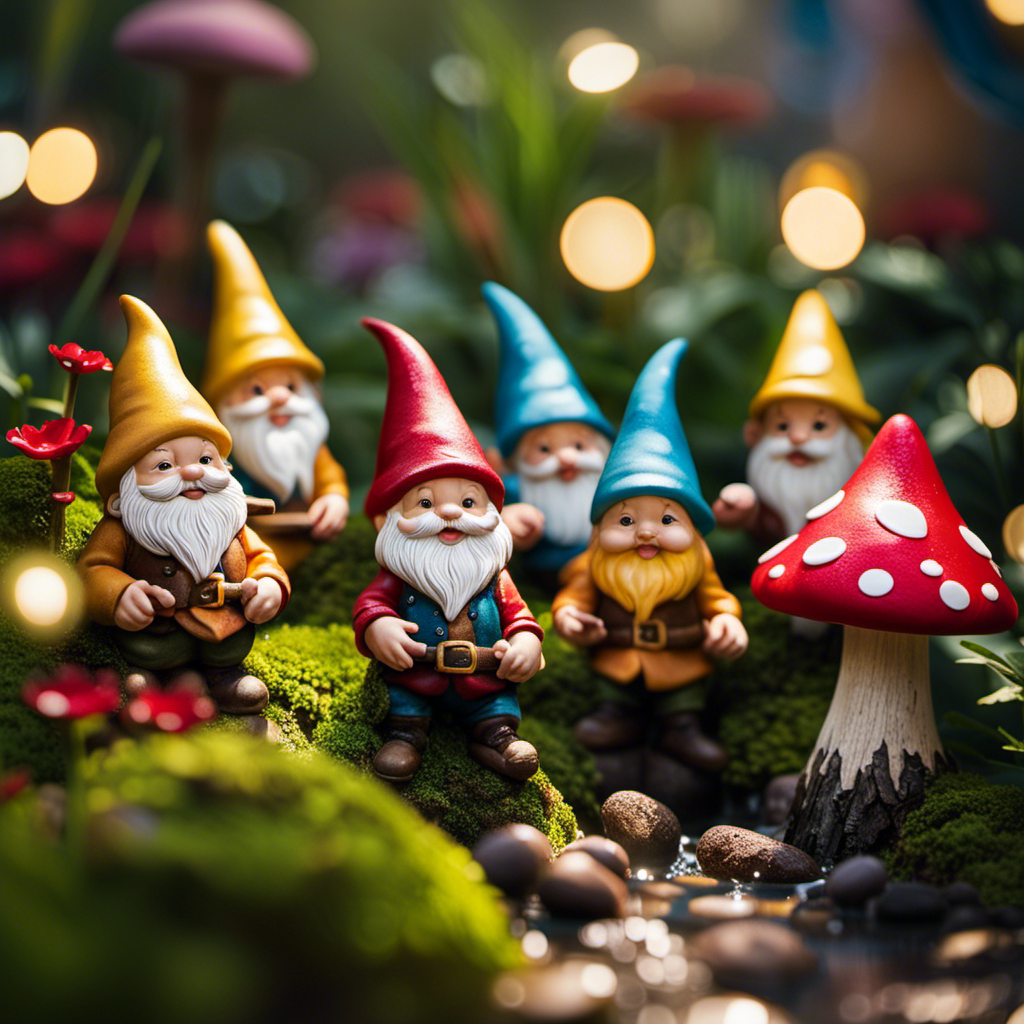 An image showcasing a group of mischievous, pint-sized gnomes frolicking in a whimsical garden, adorned with vibrant toadstools, twinkling fairy lights, and glistening water features, evoking their playful and enchanting nature