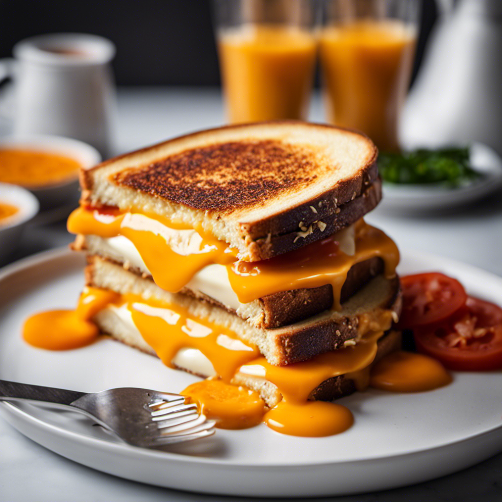 An image showcasing a sizzling grilled cheese sandwich, oozing golden melted cheese between perfectly toasted bread slices