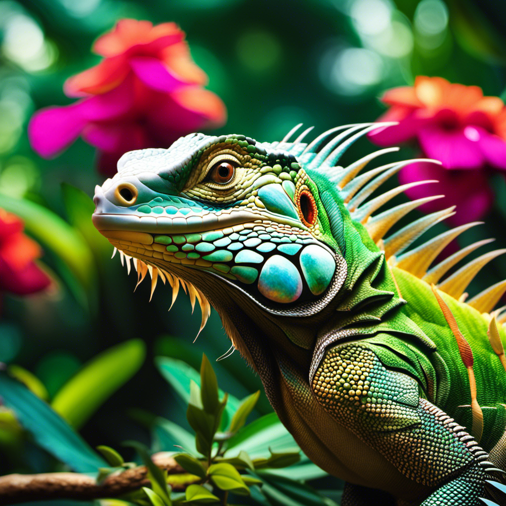 An image showcasing a vibrant tropical forest scene, with a majestic iguana perched on a tree branch, surrounded by colorful flowers and lush foliage