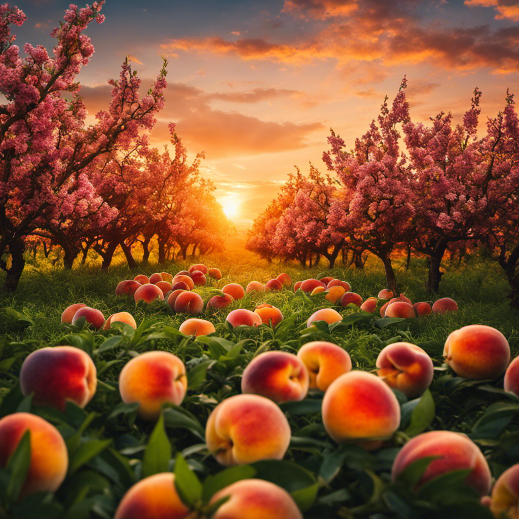 An image showcasing a juicy, golden peach sliced in half, revealing its vibrant orange flesh and glistening droplets, surrounded by a colorful collage of peach orchards, blossoms, and a picturesque sunset backdrop