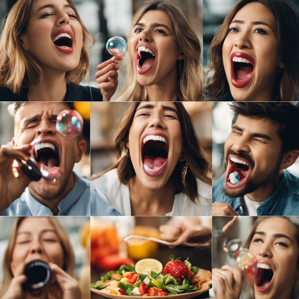 An image depicting various mouths engaged in different activities: a wide-open mouth laughing heartily, a mouth blowing a bubble, a mouth tasting a variety of foods, and a mouth singing melodiously