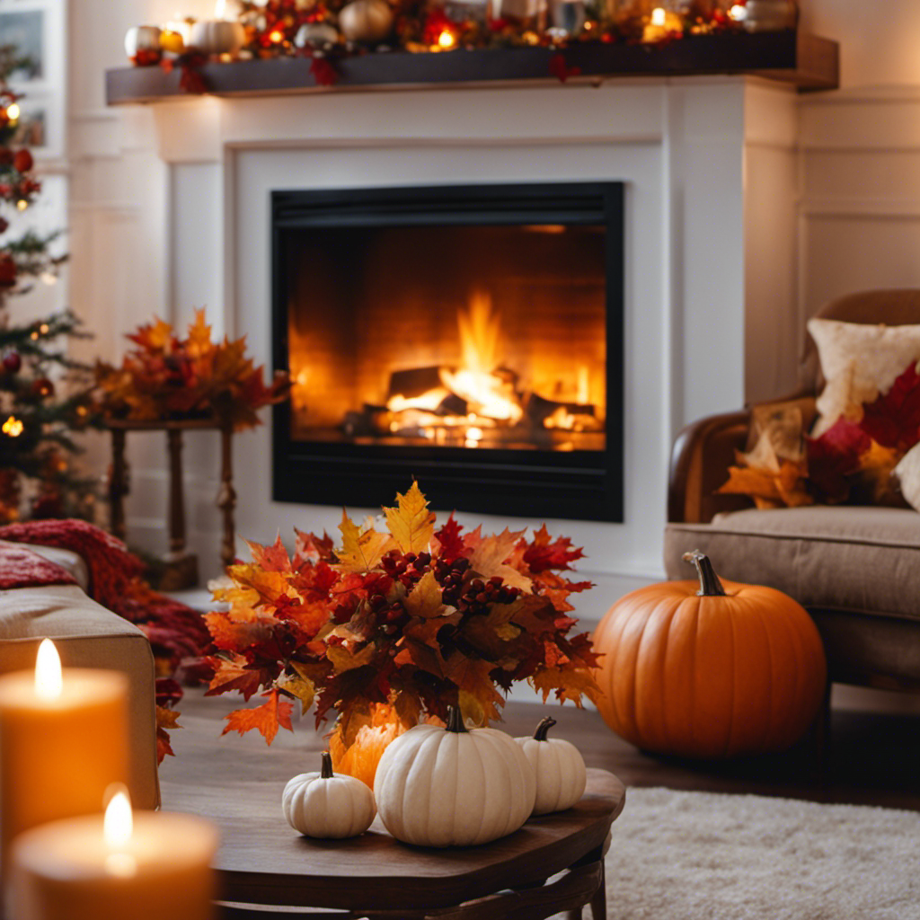 An image showcasing a cozy living room with a crackling fireplace, adorned with festive autumn decorations, while outside, colorful leaves gently fall from trees, evoking the enchanting ambiance of November 29