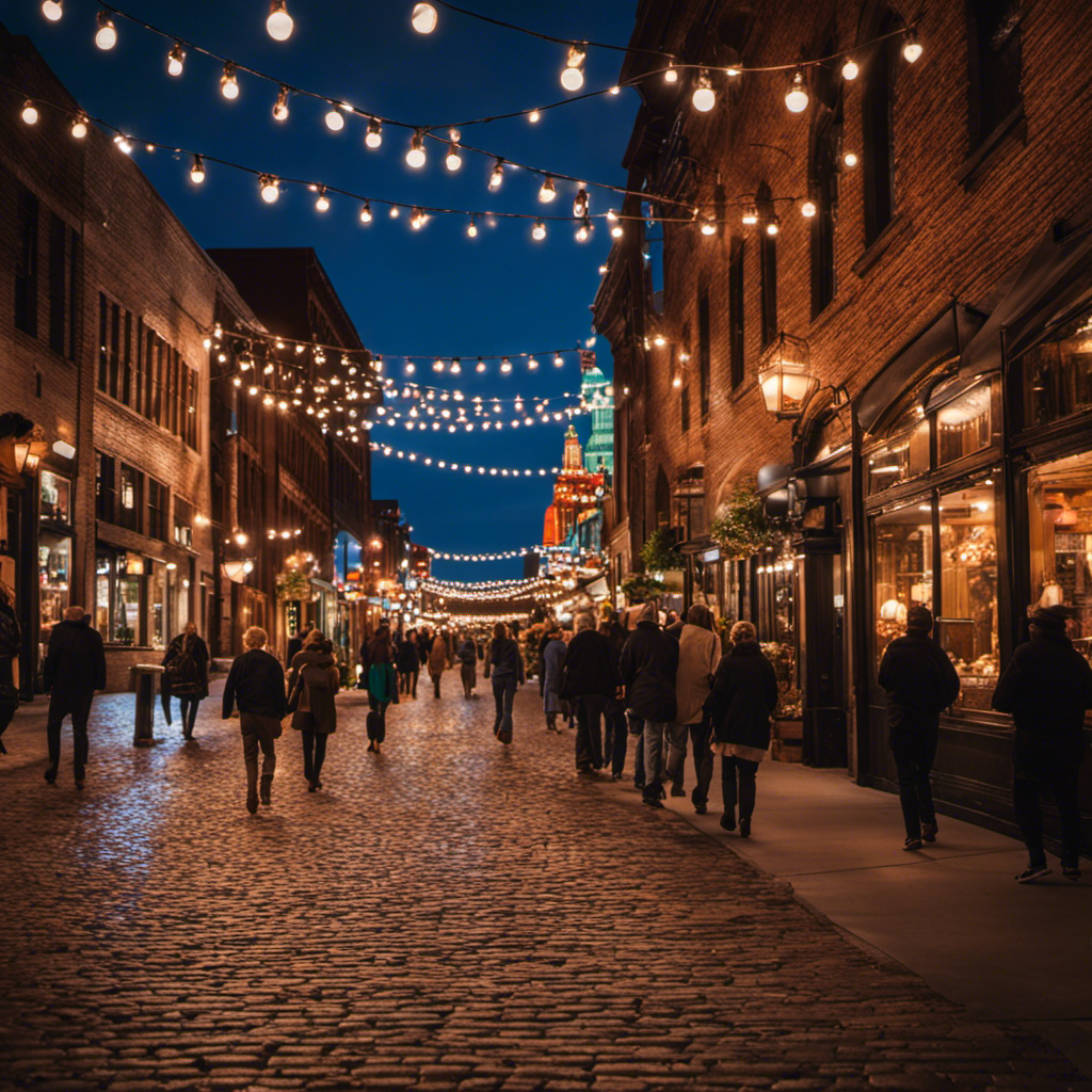 An image of Omaha's iconic Old Market district at dusk, with vibrant lights illuminating the cobblestone streets