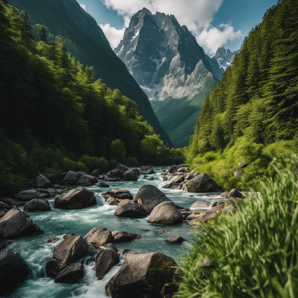 An image showcasing the grandeur of mountains, with a towering peak reaching towards the sky, jagged cliffs cascading down, lush green valleys embracing the slopes, and a crystal-clear river cutting through the landscape