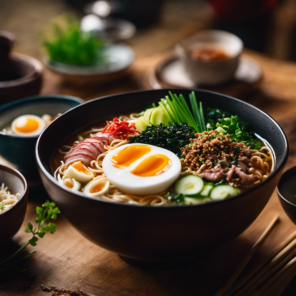 An image of a vibrant ramen bowl, steam rising from the rich broth, garnished with carefully arranged toppings like succulent slices of pork, spring onions, nori, and a perfectly boiled egg