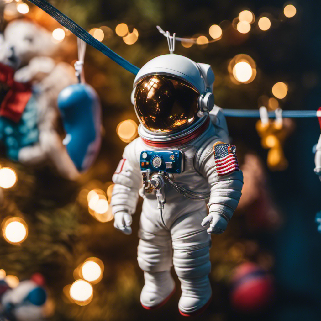 An image featuring a vibrant astronaut suit hanging on a clothesline, surrounded by various space-themed toys and memorabilia, showcasing Sally Ride's pioneering achievements and highlighting her passion for space exploration