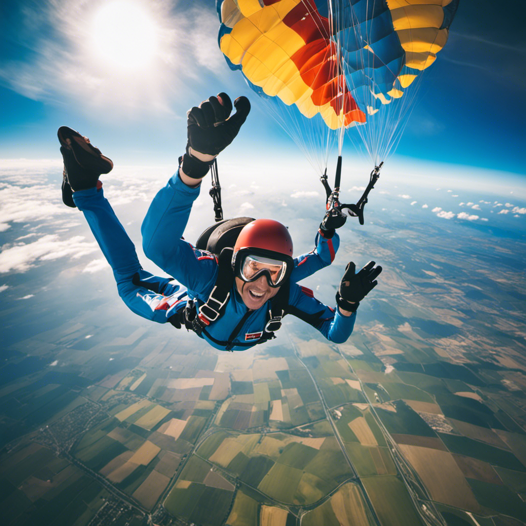 An image capturing the thrilling essence of skydiving: a vibrant azure sky as a backdrop, a fearless skydiver in a colorful jumpsuit gracefully freefalling, capturing the breathtaking views of the earth below