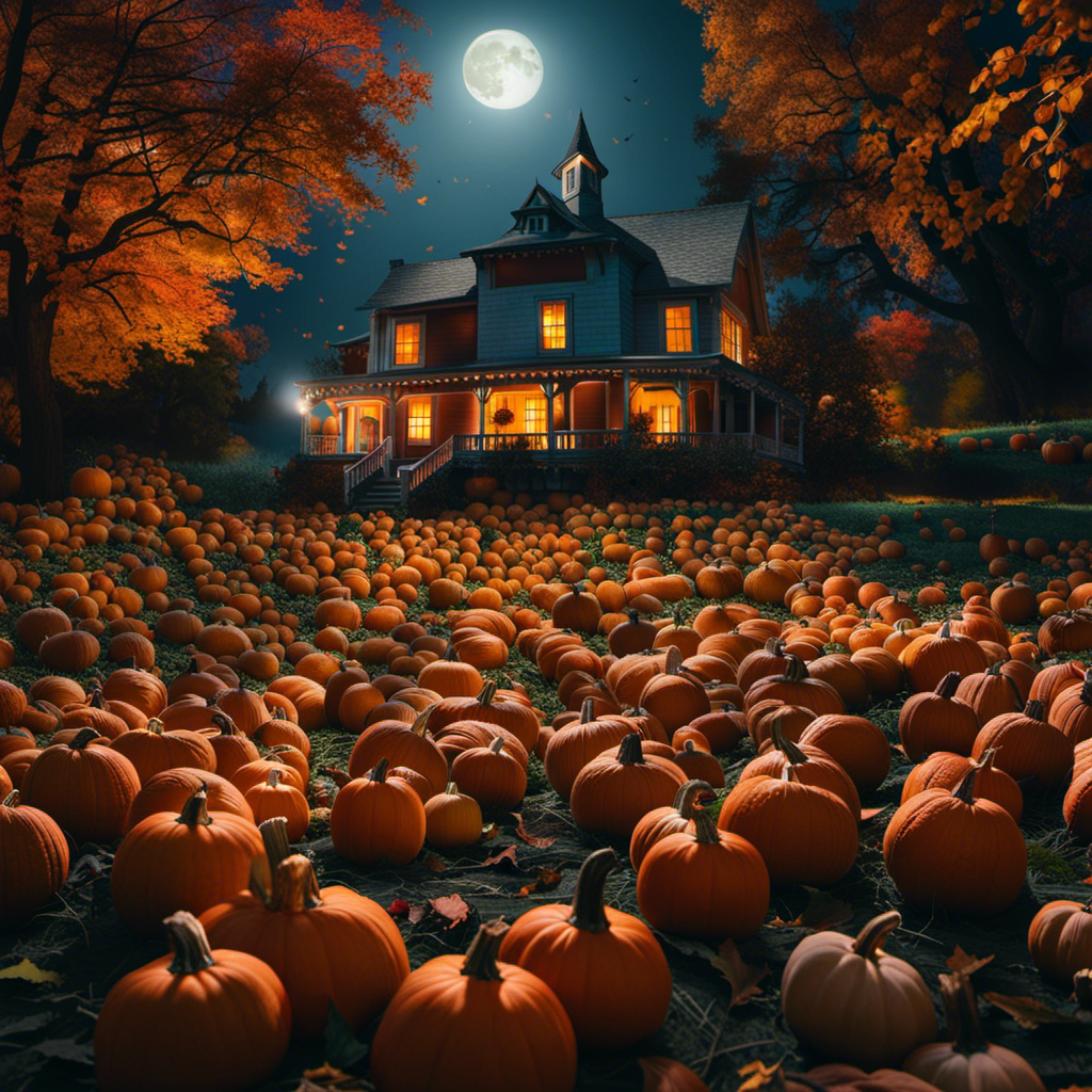 An image showcasing the vibrant transformation of autumn leaves, a pumpkin patch with various sizes and colors of pumpkins, and a spooky full moon shining down on a haunted house