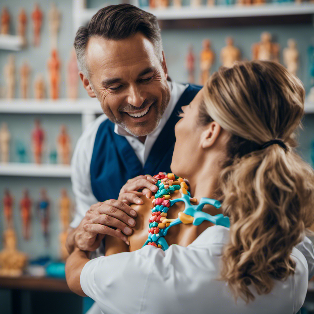 An image showcasing a vibrant, energetic scene: a smiling chiropractor adjusting a patient's spine, surrounded by colorful anatomical models, illustrating the fascinating world of chiropractic care