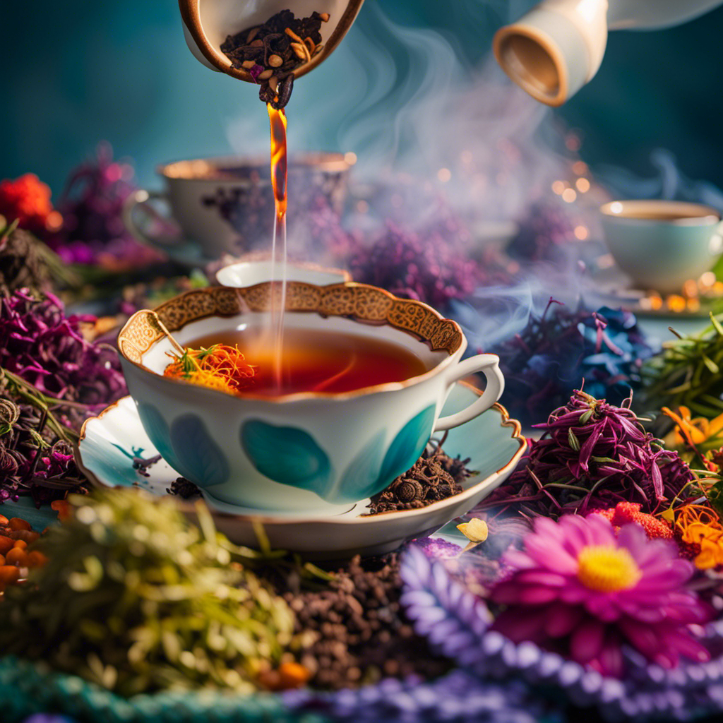 An image showcasing a vibrant, steaming teacup surrounded by an assortment of tea leaves in various hues and shapes