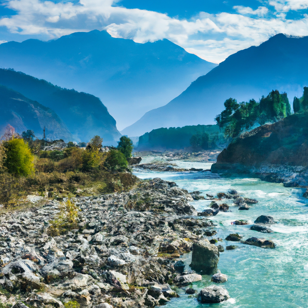 An image showcasing the majestic Himalayan Mountains, adorned with snow-capped peaks that pierce the sky, winding rivers carving through lush valleys, and rare wildlife roaming amidst vibrant alpine meadows