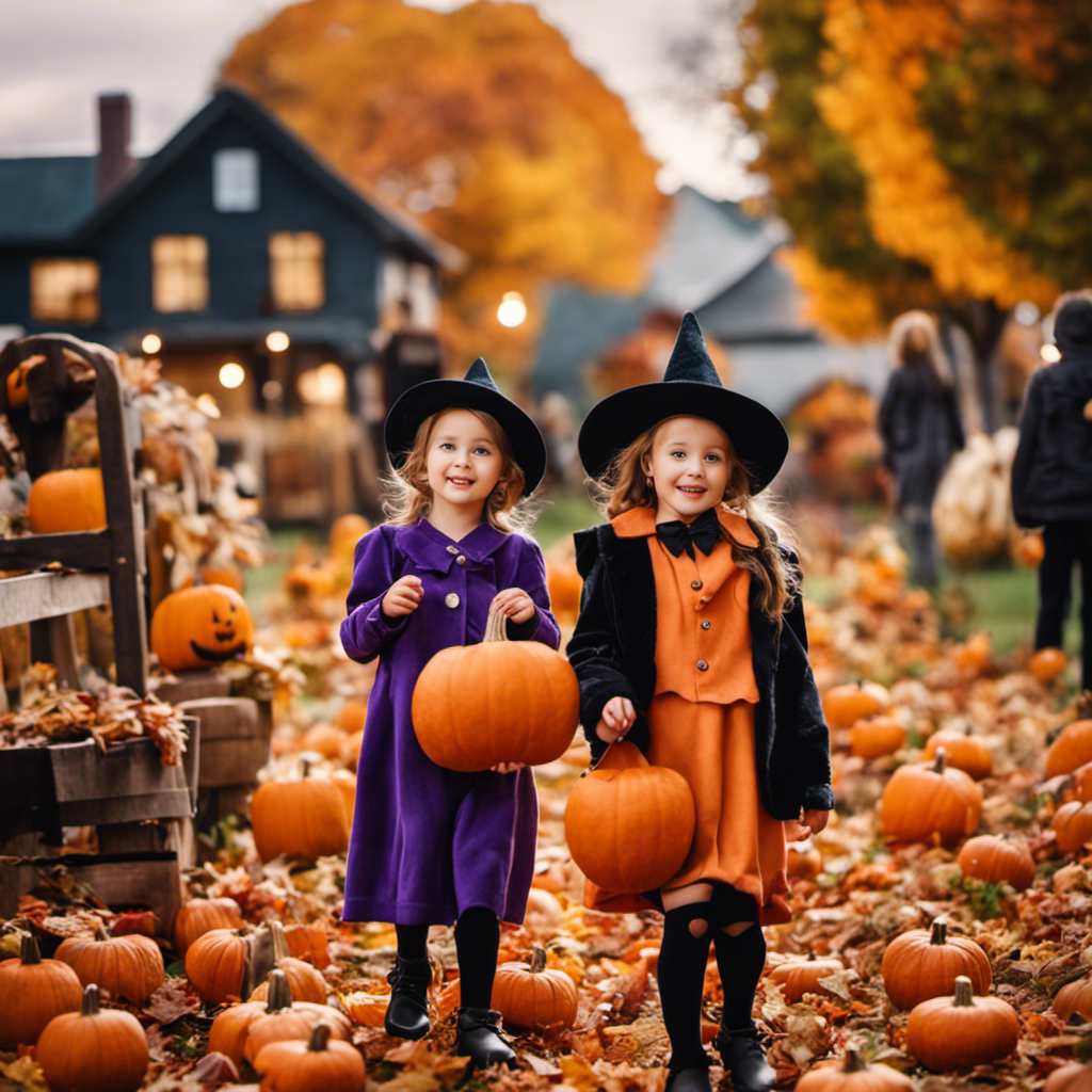 An image of a vibrant autumn scene with a pumpkin patch, colorful leaves falling gently, a spooky moon, and children dressed in costumes eagerly trick-or-treating in a cozy neighborhood