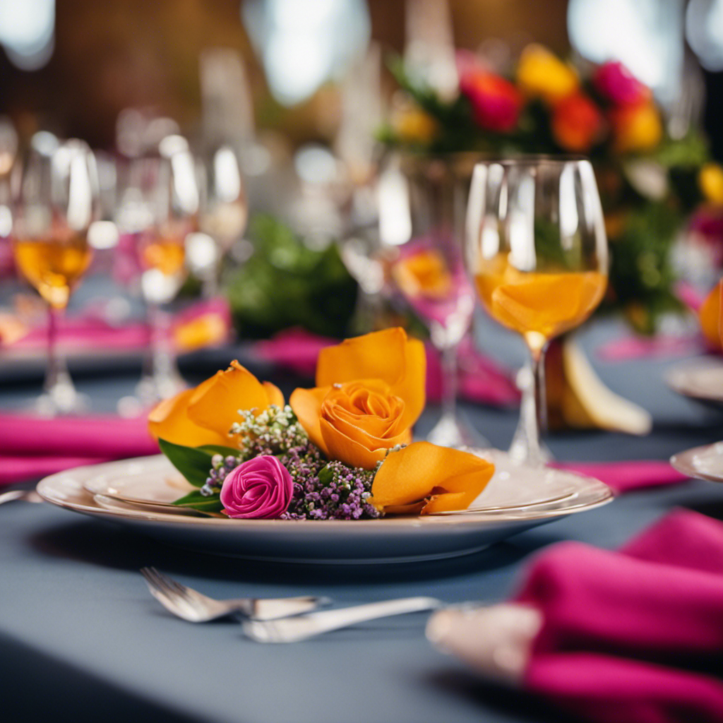 An image showcasing a vibrant table setting at a wedding reception, adorned with playful napkins featuring intriguing facts