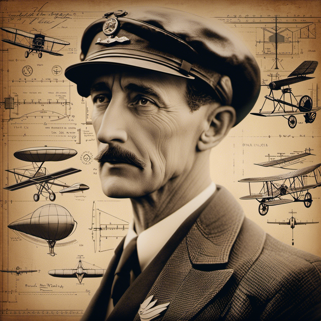 An image showcasing Wilbur Wright's impressive intellect and determination, featuring a close-up of his intense gaze, framed by a vintage aviator hat and surrounded by aviation blueprints and notebooks filled with sketches and calculations